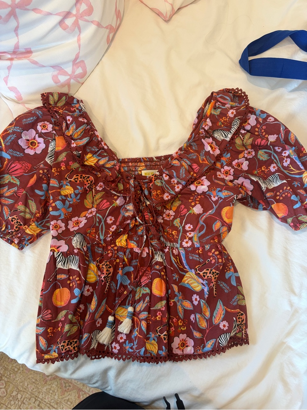 Maeve Burgundy Floral Puff-Sleeve Peasant Top